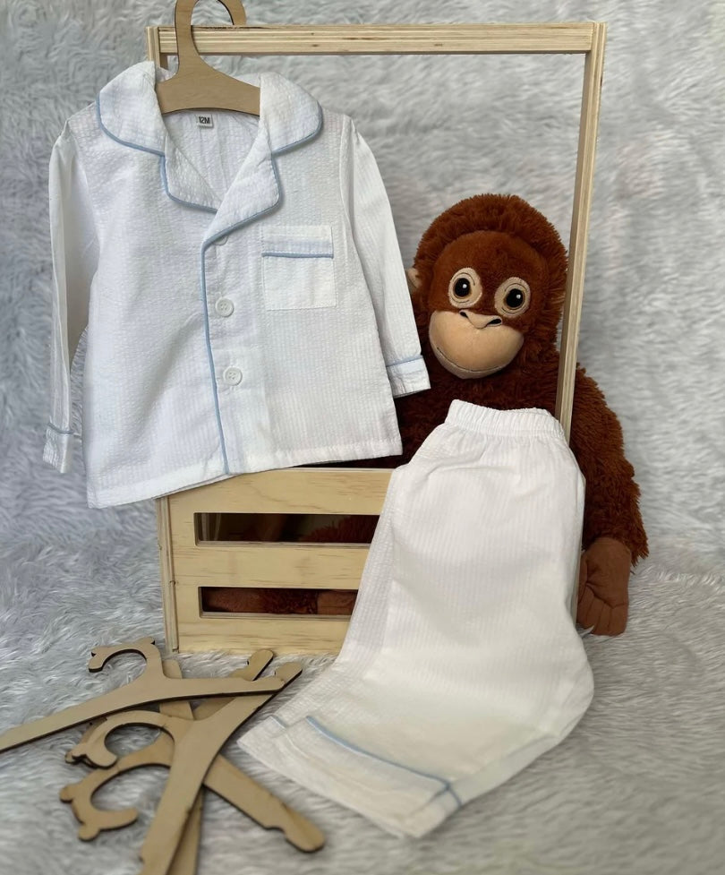 Boys white and blue personalised seersucker pyjama set