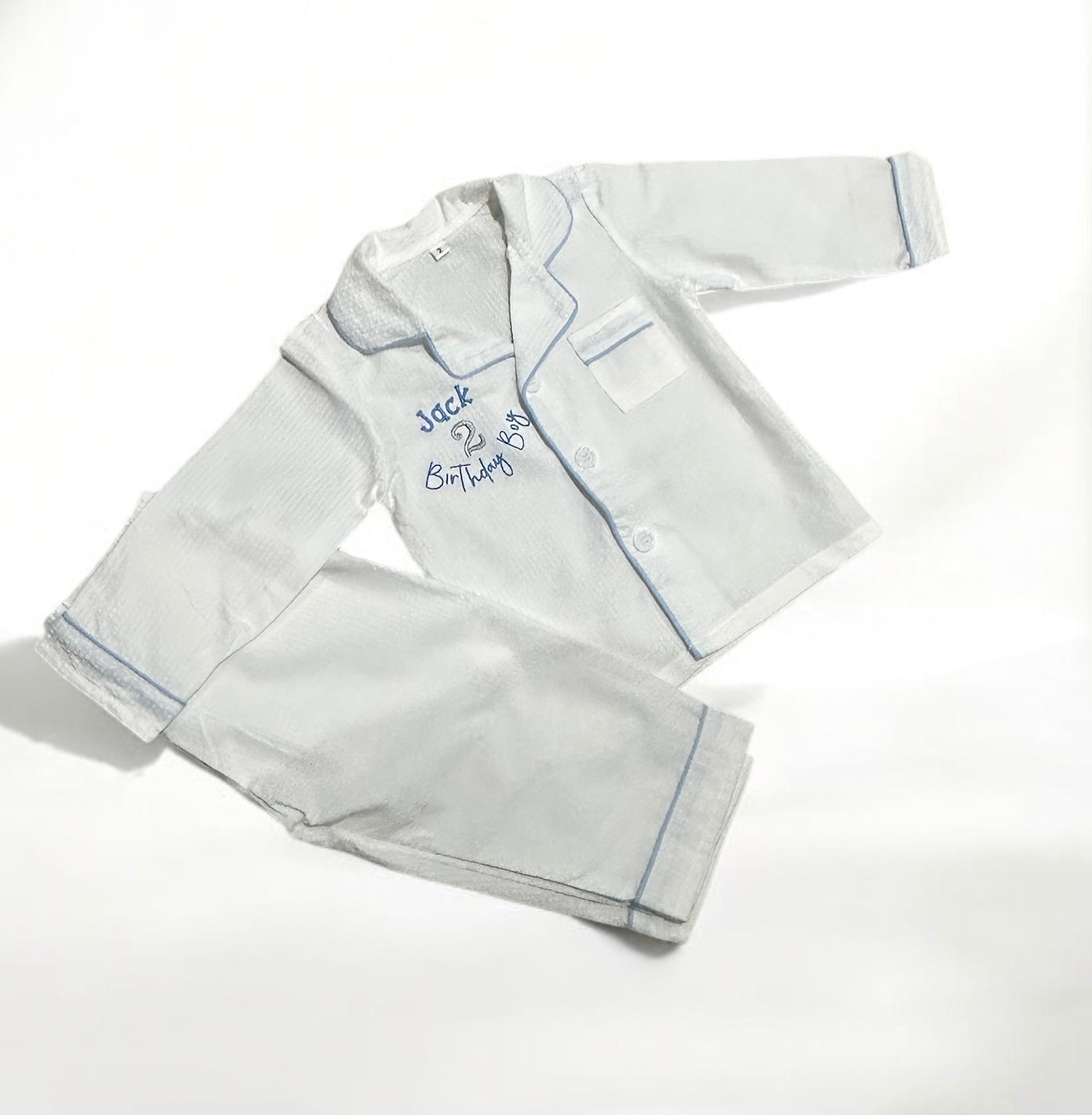 Boys white and blue personalised seersucker pyjama set
