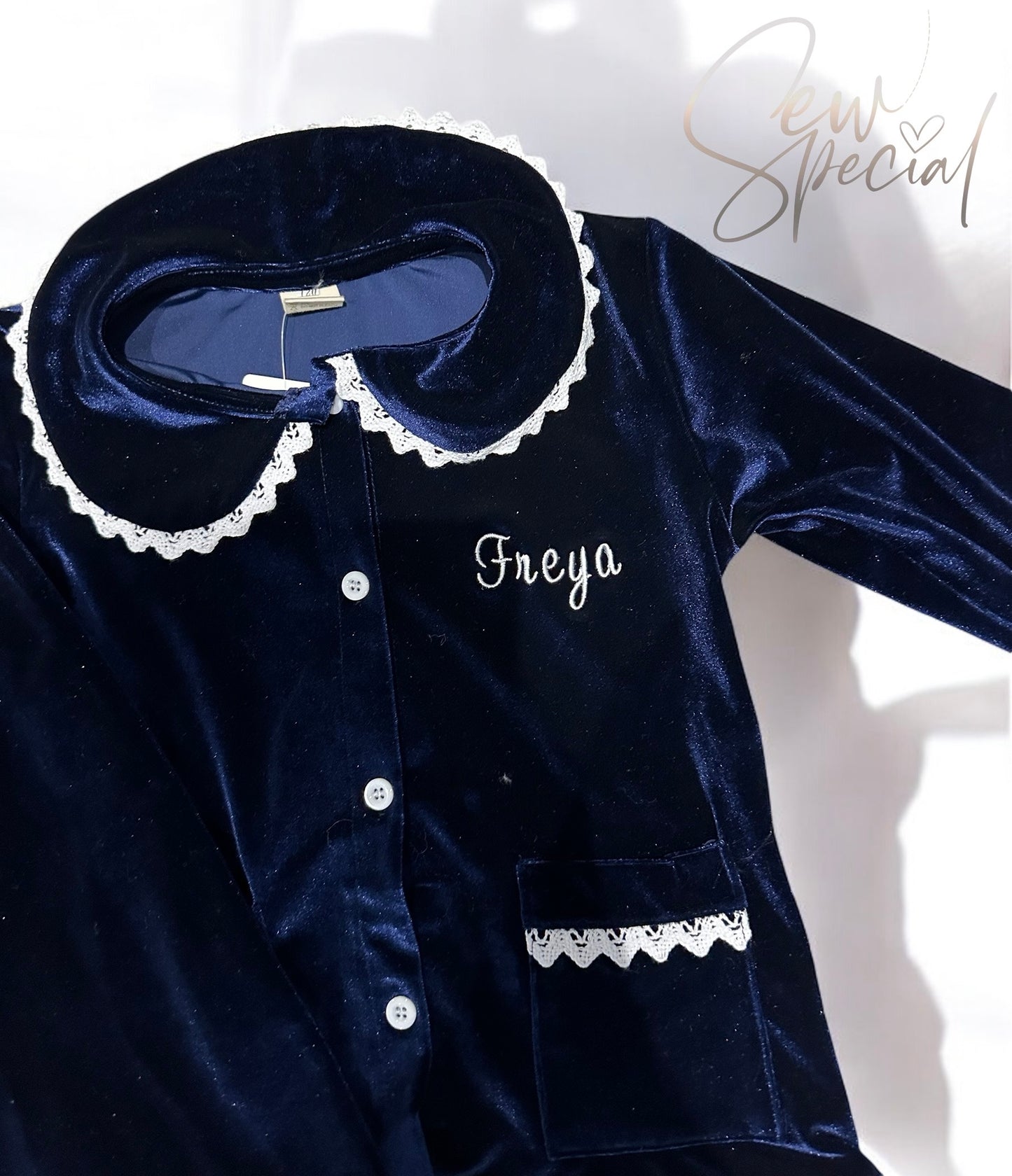 Navy blue personalised velvet girls frill Christmas pyjamas