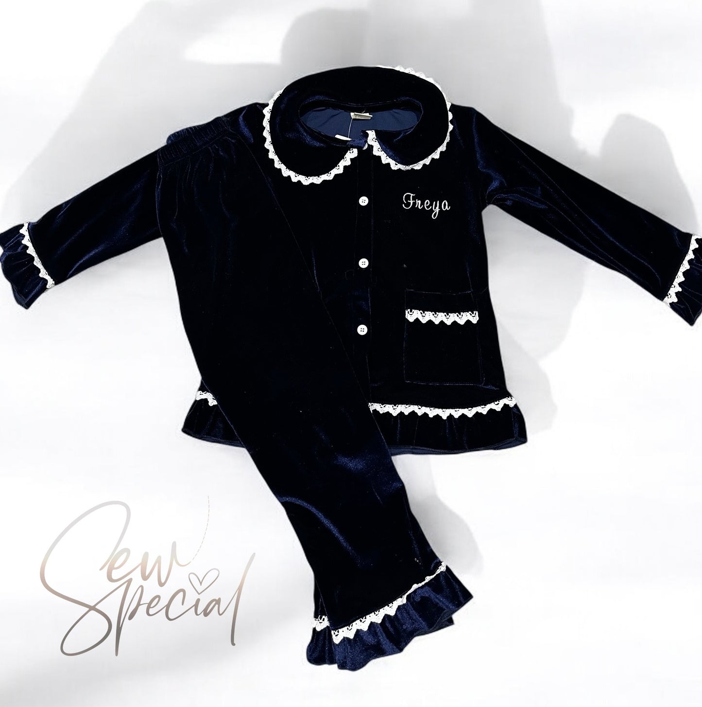 Navy blue personalised velvet girls frill Christmas pyjamas