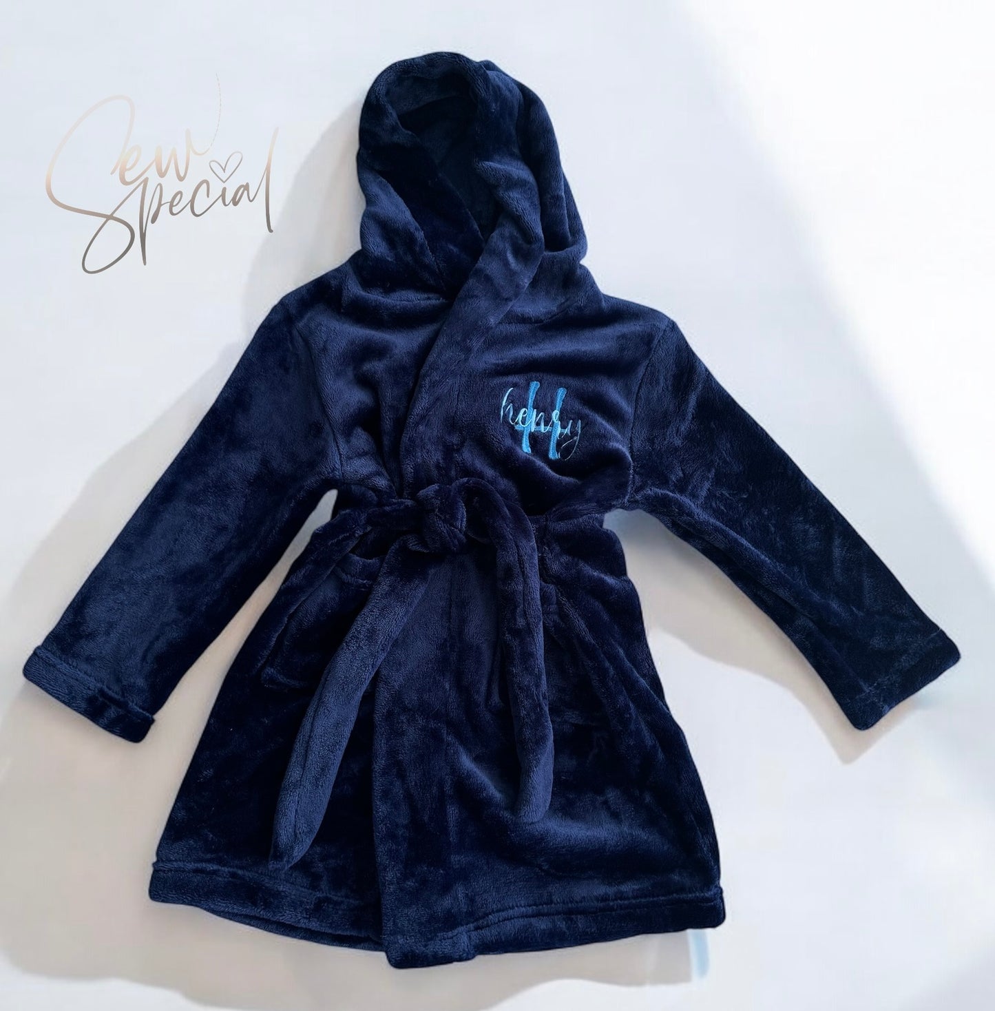 Boys navy blue personalised soft dressing gown robe
