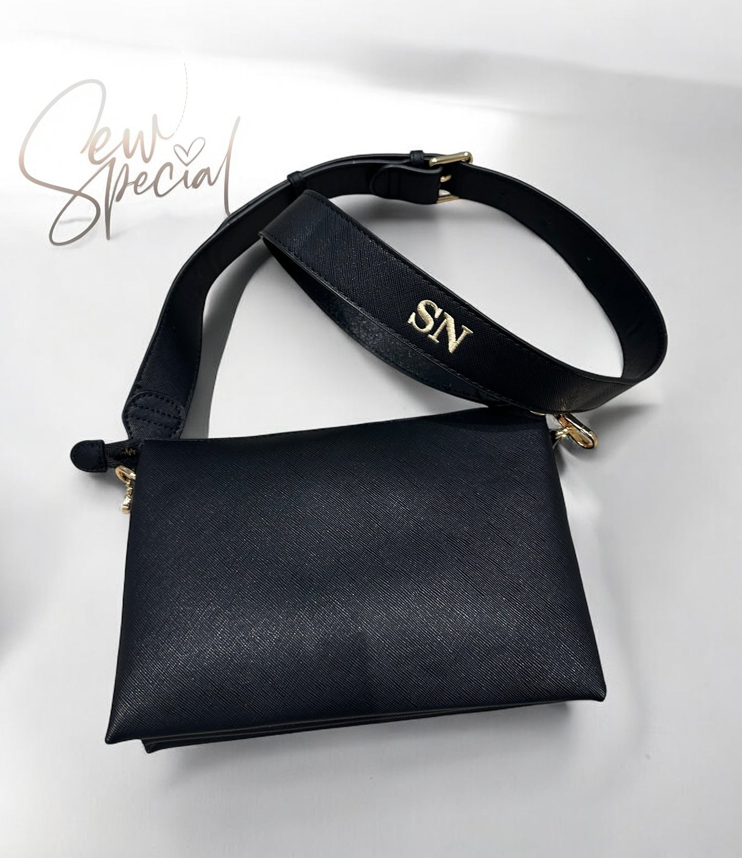 Ladies cross body bag with embroidered personalised leather look strap