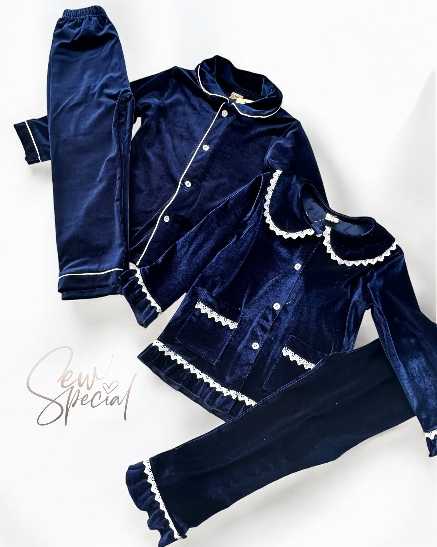 Navy blue personalised velvet girls frill Christmas pyjamas