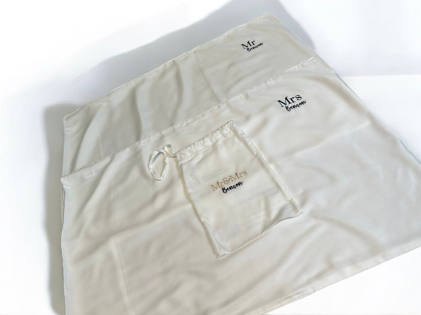 Personalised Me & Mrs pillowcase set in bag