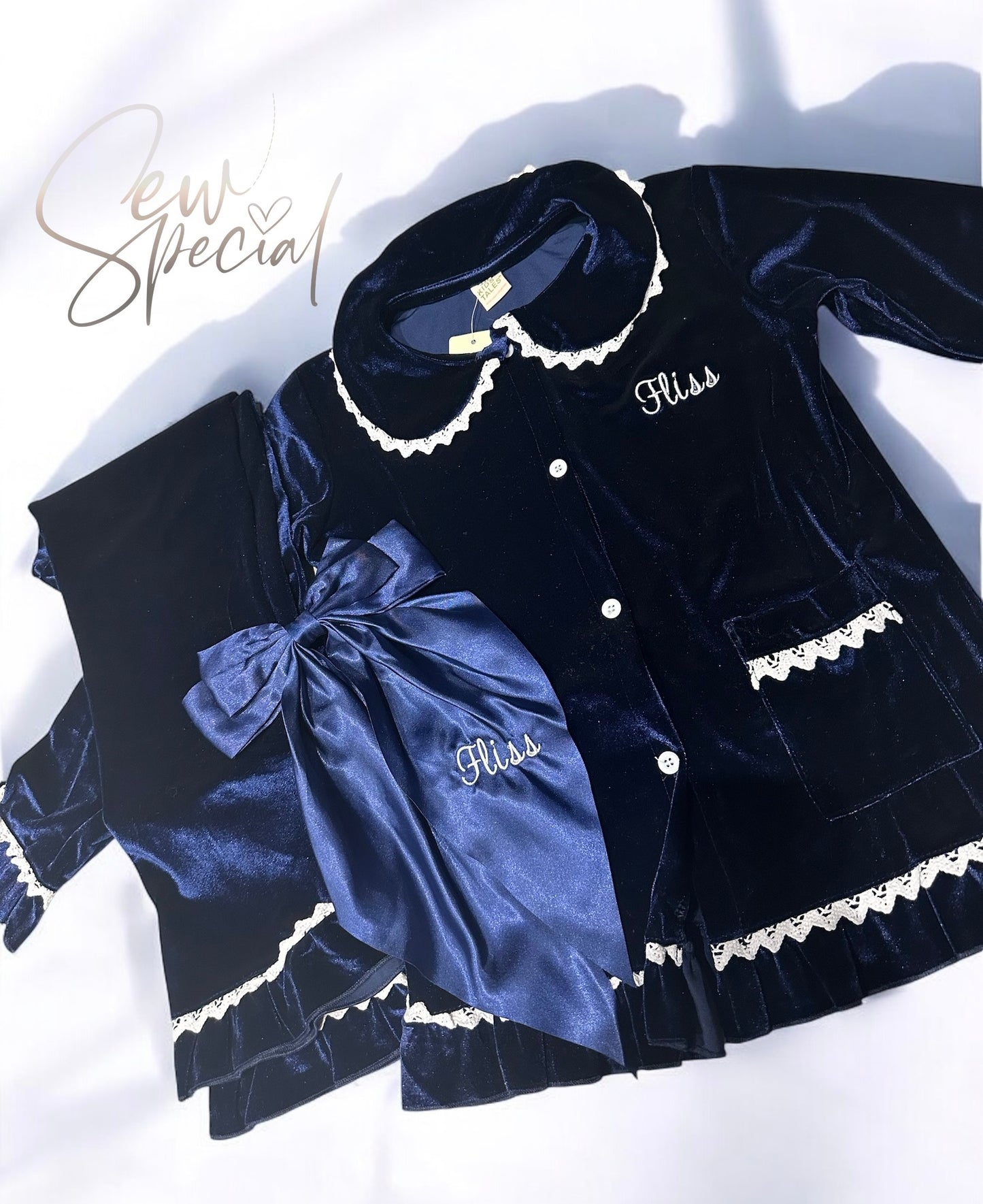 Navy blue personalised velvet girls frill Christmas pyjamas