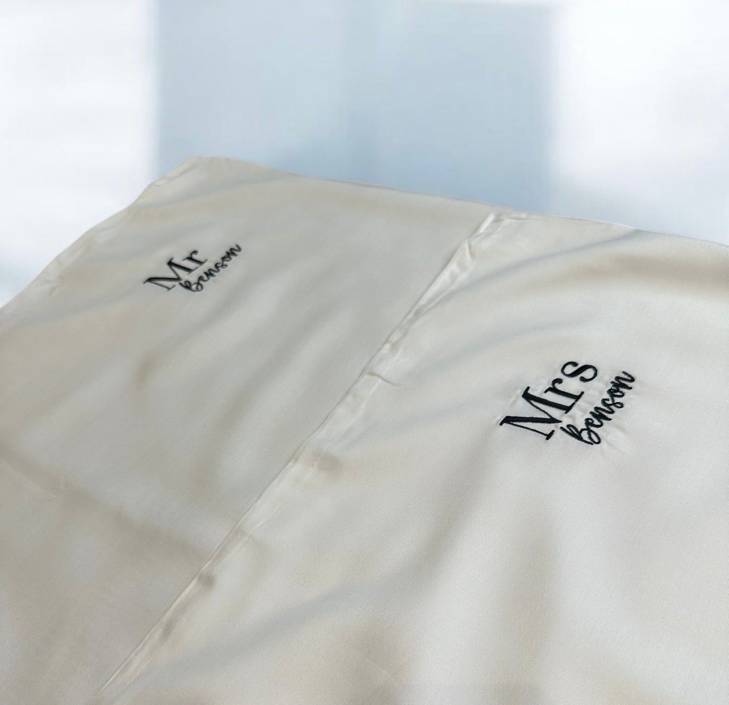 Personalised Me & Mrs pillowcase set in bag