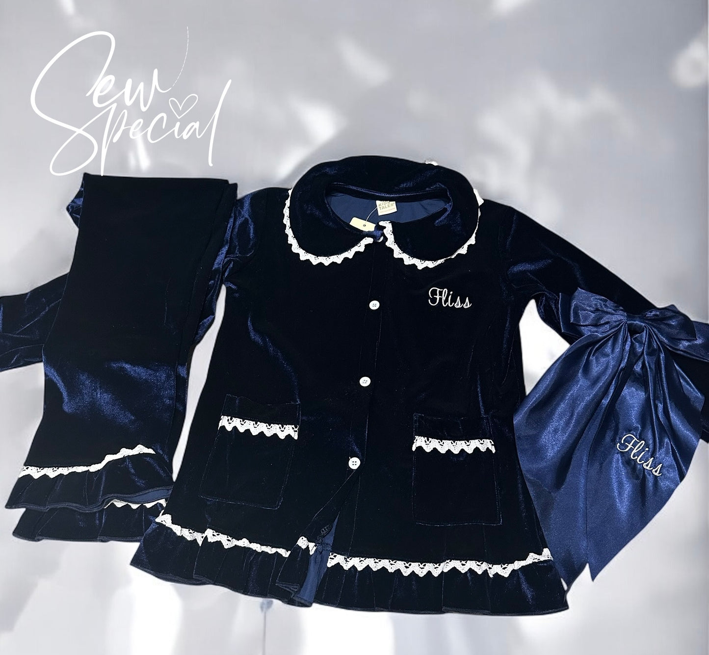 Navy blue personalised velvet girls frill Christmas pyjamas