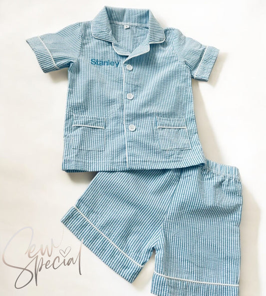 Boys personalised short blue & white striped pyjamas