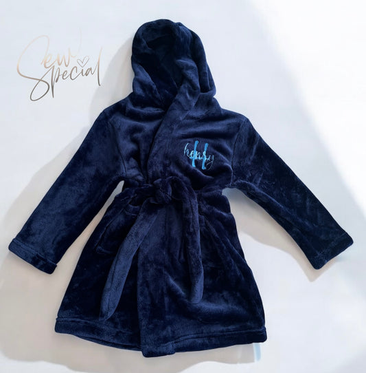 Boys navy blue personalised soft dressing gown robe