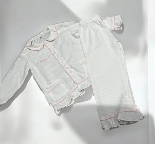 Girls white and pink personalised seersucker pyjama set
