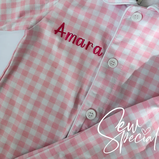 Girls personalised pink chequered long pyjamas