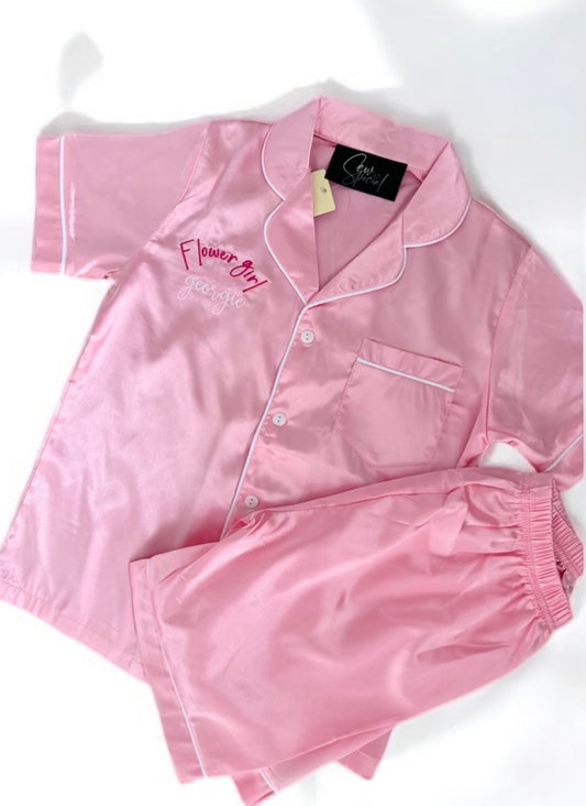 Girls personalised satin short flower girl pyjamas