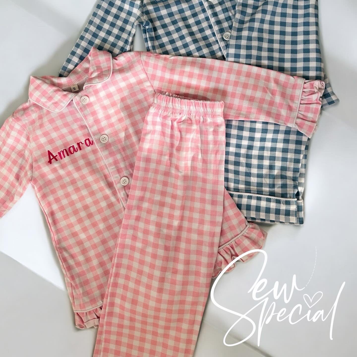 Girls personalised pink chequered long pyjamas