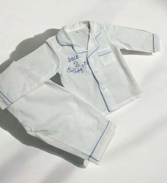 Boys white and blue personalised seersucker pyjama set
