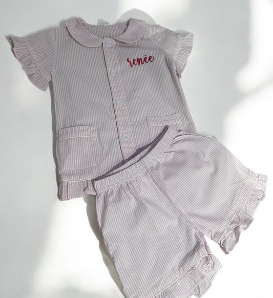 Girls personalised short pink & white striped frill pyjamas