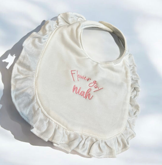 Flower girl personalised frill cotton baby bib