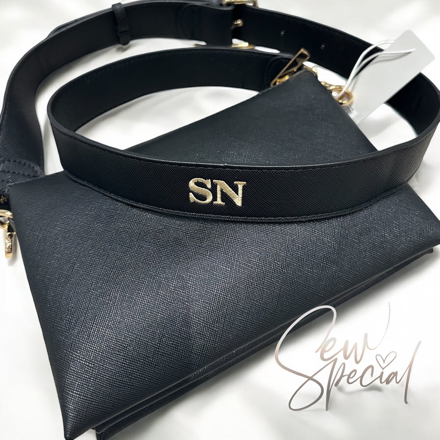 Ladies cross body bag with embroidered personalised leather look strap