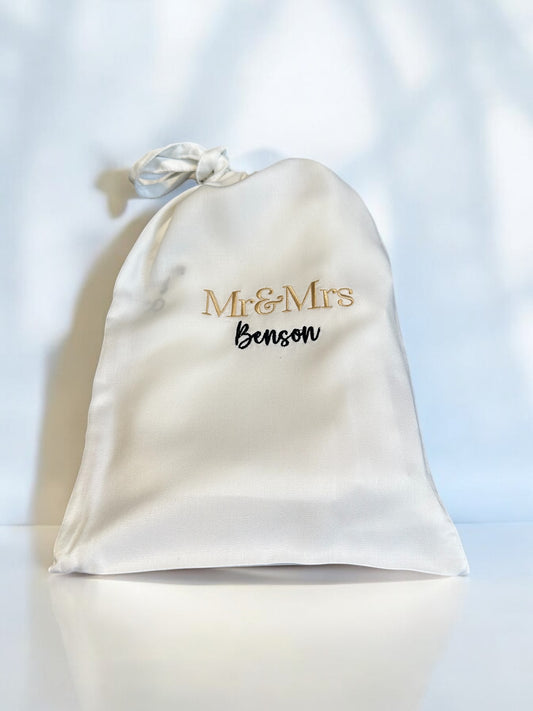 Personalised Me & Mrs pillowcase set in bag