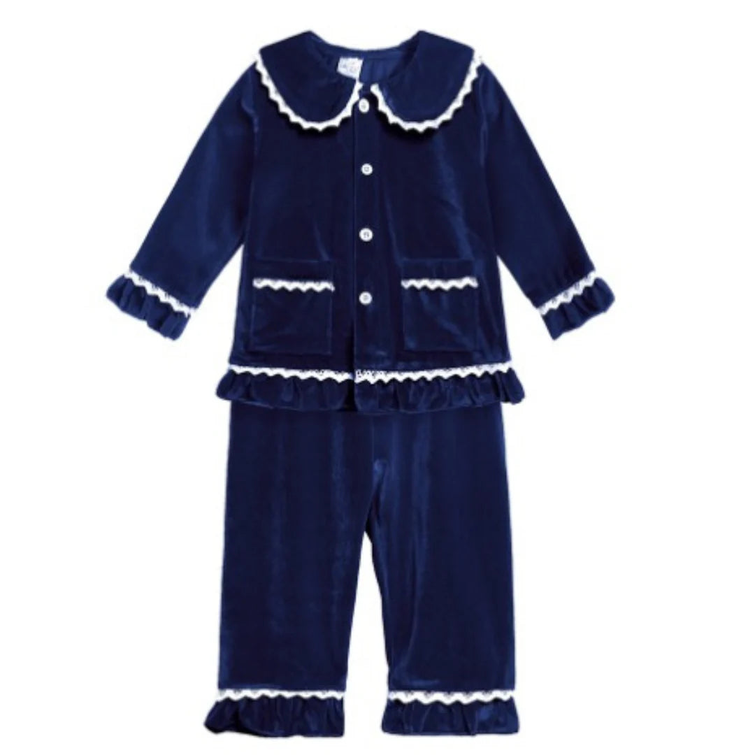 Navy blue personalised velvet girls frill Christmas pyjamas
