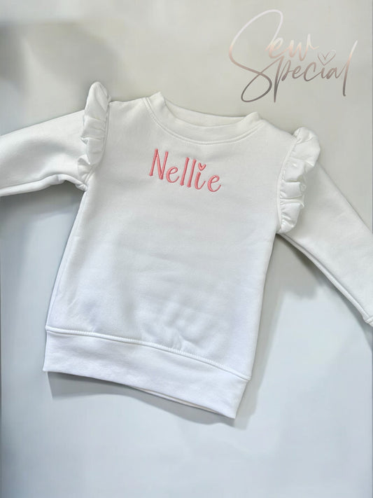 Girls personalised white frill sleeve sweatshirt